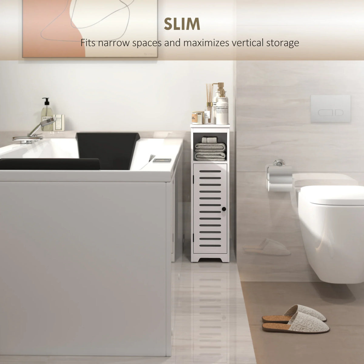 White slim bathroom floor cabinet with louvered door and open shelves for vertical storage