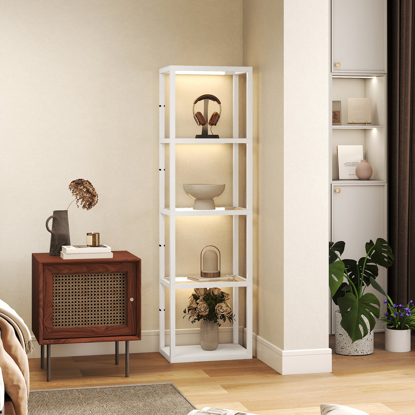 HOMCOM White Four Shelf Floor Lamp With Tempered Glass Shelves And Adjustable Warm White LEDs