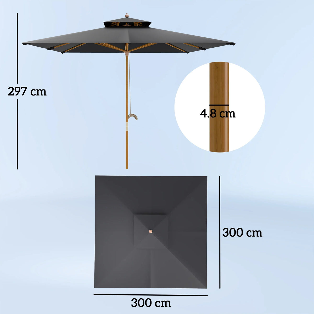 3 m square canopy parasol diagram with black canopy and wooden center pole dimensions