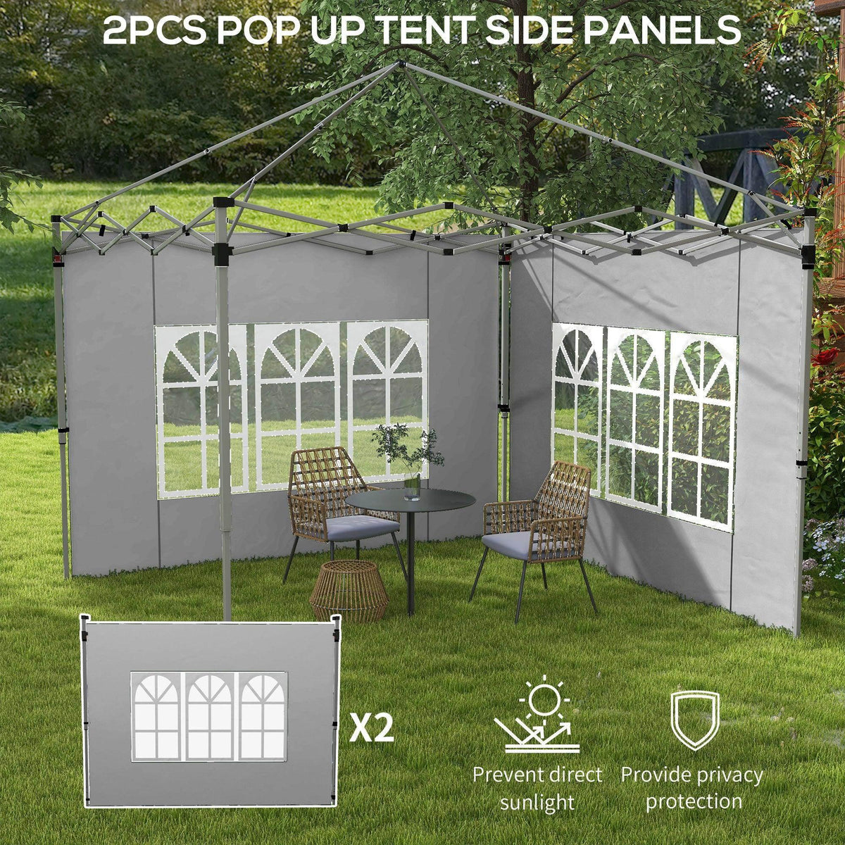 Grey pop-up gazebo side panels, white window panels, includes 2 pieces