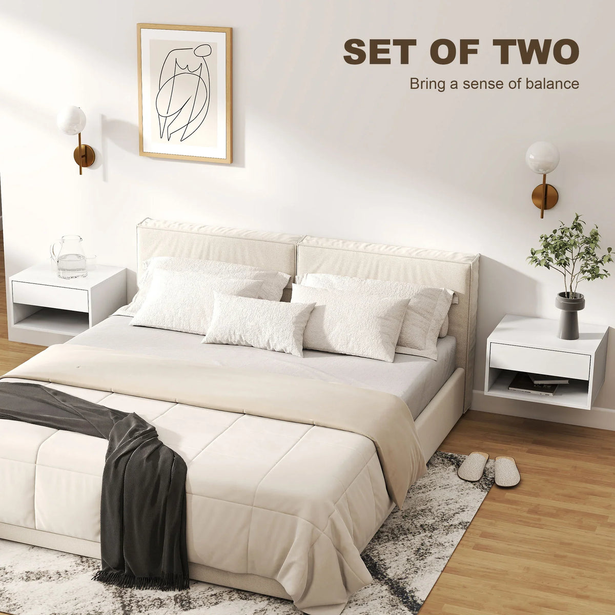 White set of two floating nightstands with drawer and open shelf placed on both sides