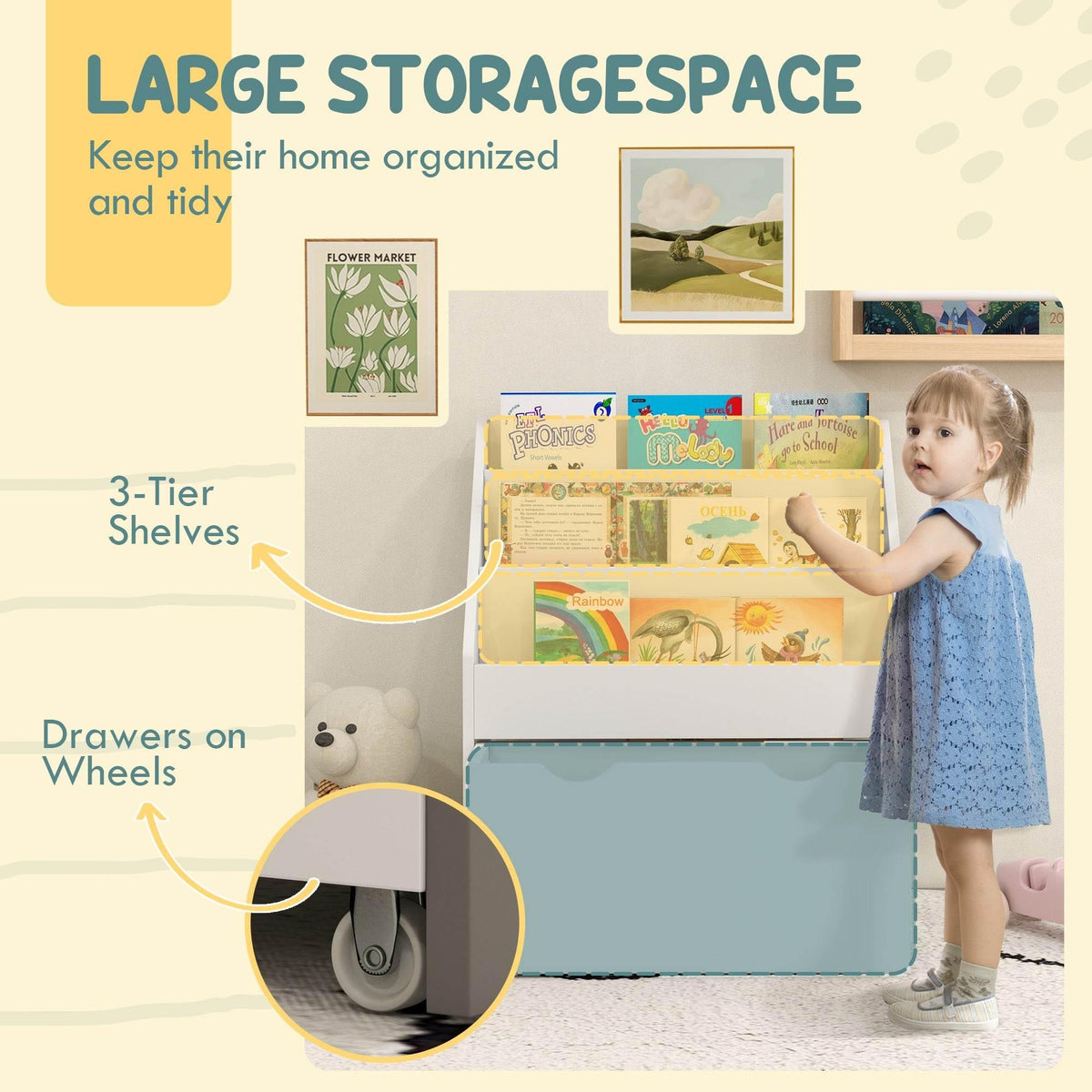 White 3-tier children’s bookcase with open shelves and wheeled drawer; child nearby