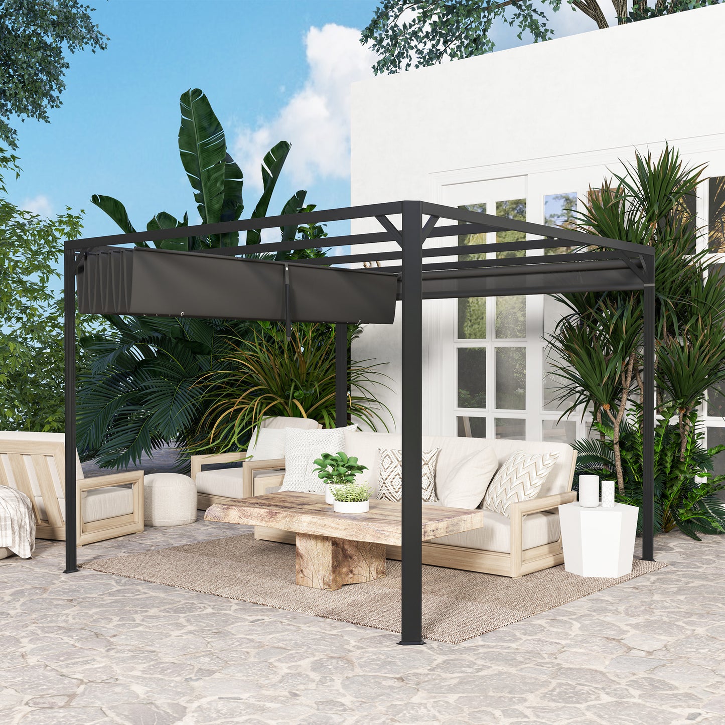 Outsunny 3x3m Aluminium Pergola With Retractable Roof And Wall For Outdoor Privacy Dark Grey