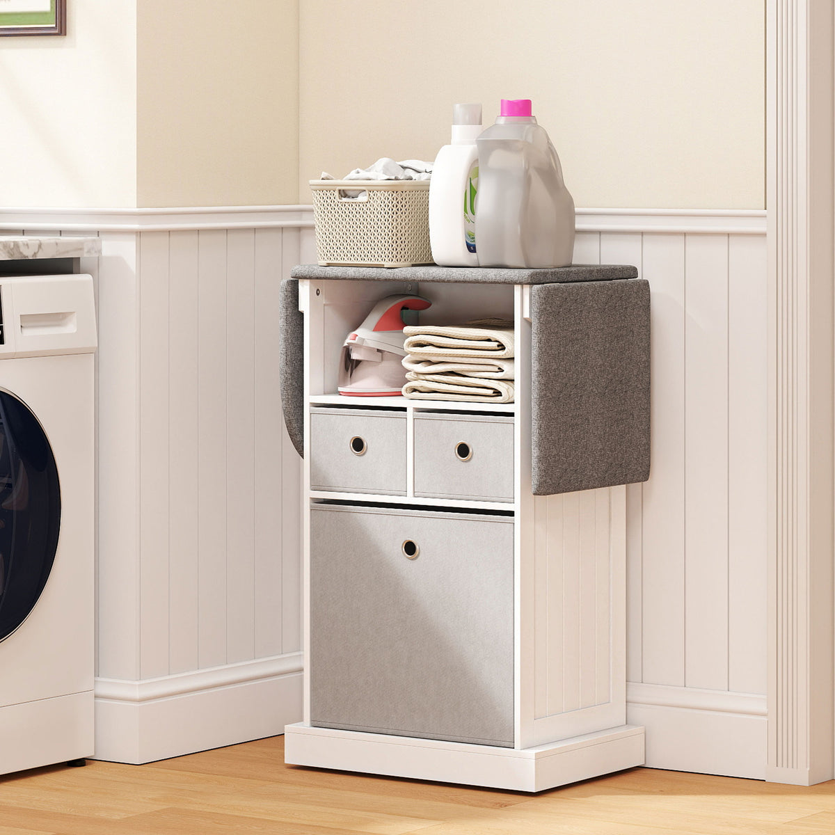 HOMCOM Mobile Ironing Board Cabinet With Wheels, Foldable Top, White