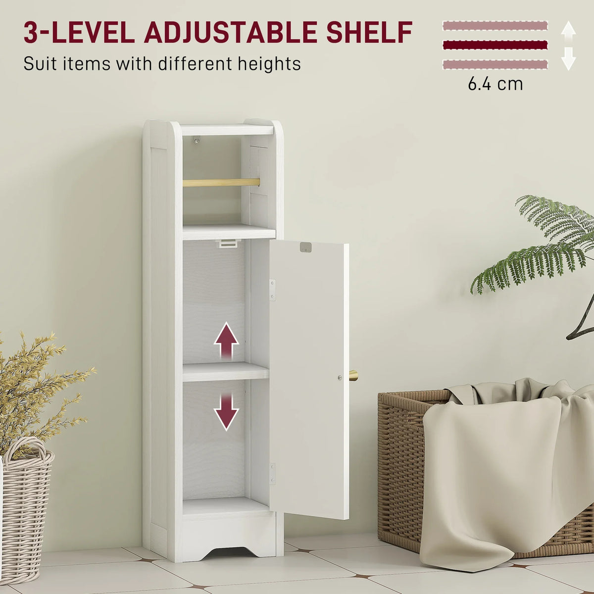White cabinet with adjustable interior shelf, door open showing three storage levels