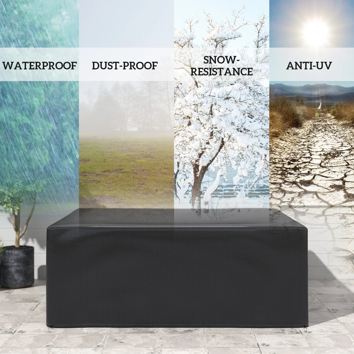 Black waterproof garden furniture cover, rectangular shape with fitted textured finish
