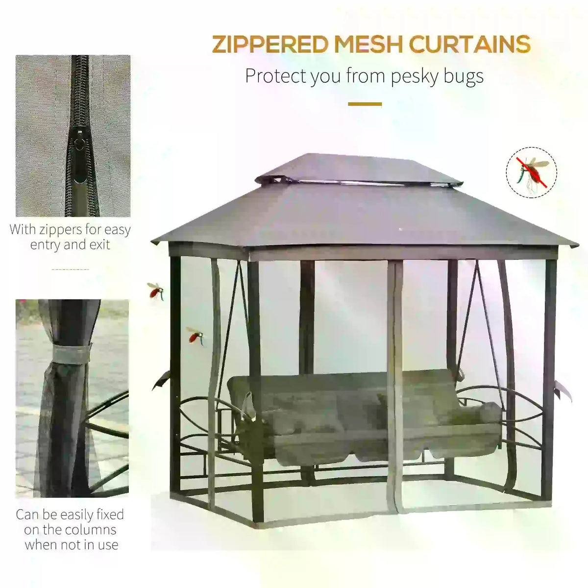 Grey swing bed with canopy and zipped mesh curtains, cushioned three-seat bench