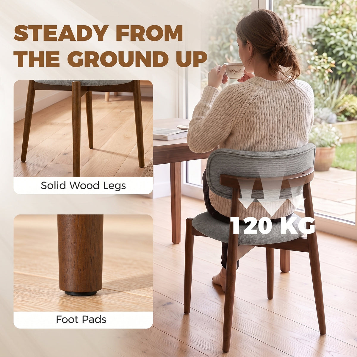 Grey chenille dining chair with curved backrest, solid wood legs, and foot pads