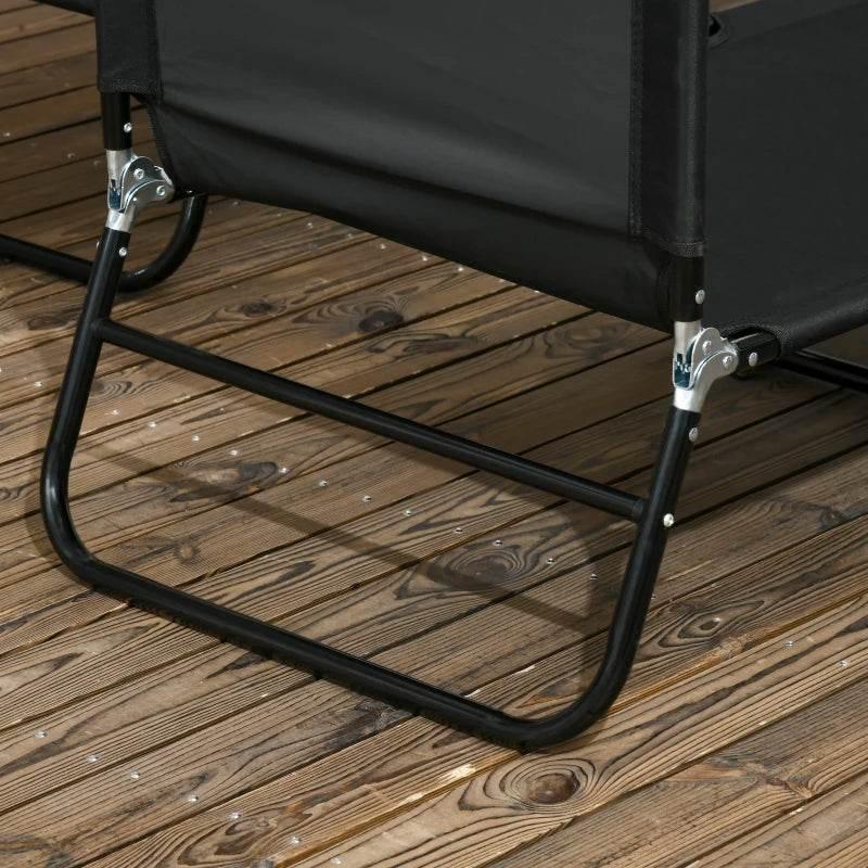 Side view of black folding sun lounger base with metal support bars