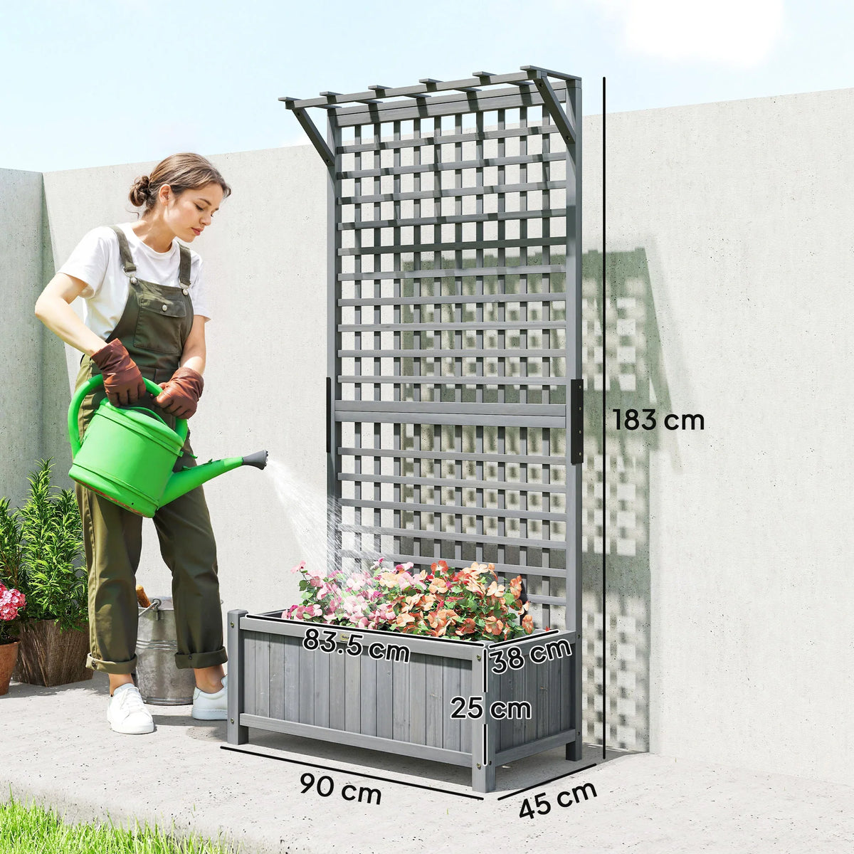 Dark grey raised garden planter with trellis frame and drainage base platform