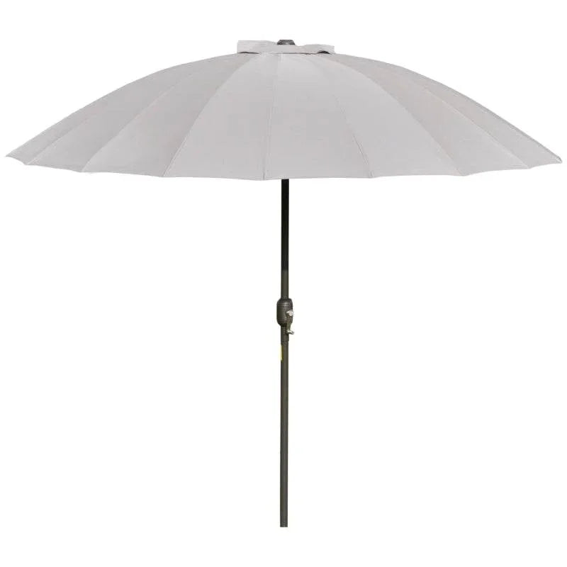 Light grey patio umbrella with tilt canopy and black pole, centered on white