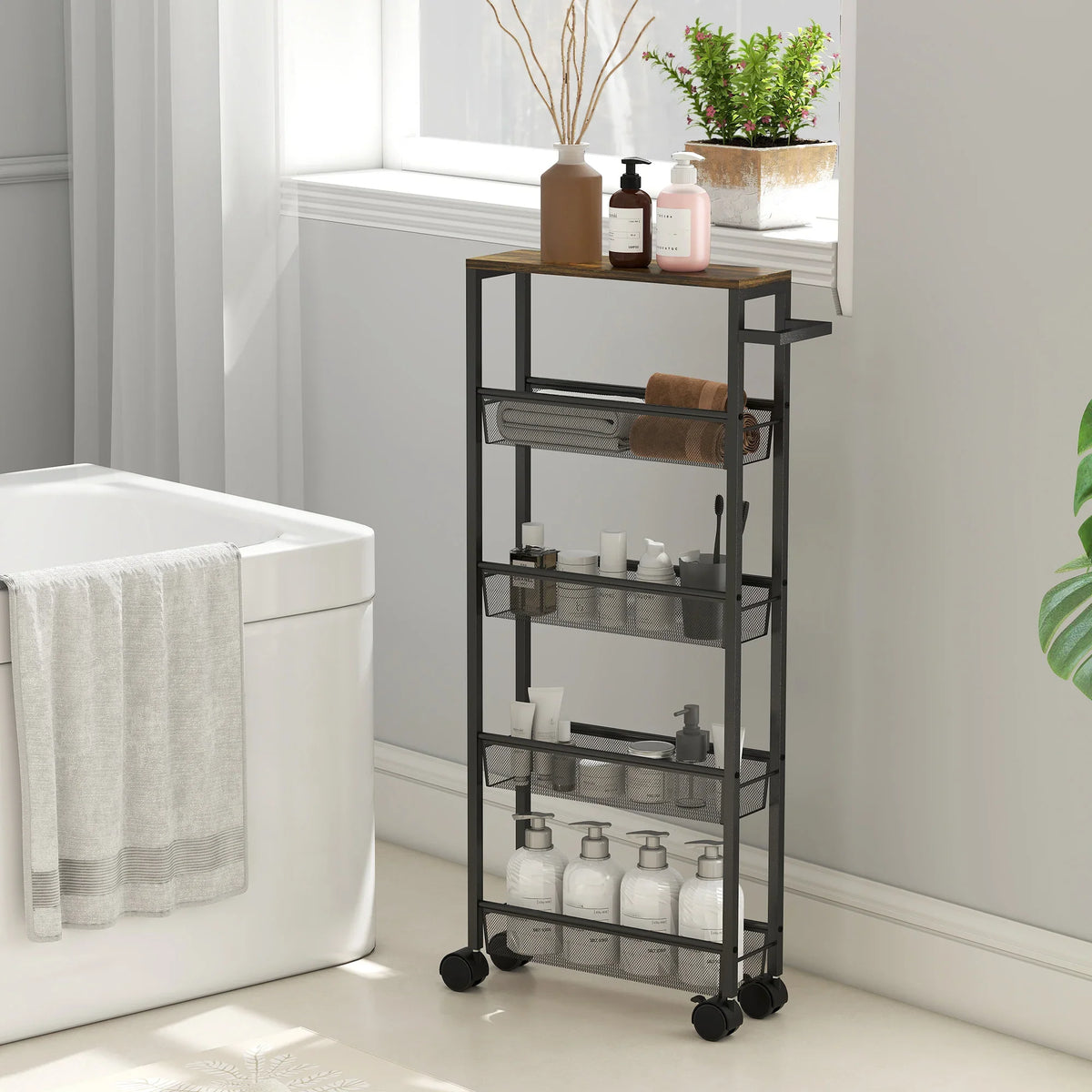 Black 5-tier storage trolley with wood-effect top holding jars and toiletries on mesh shelves