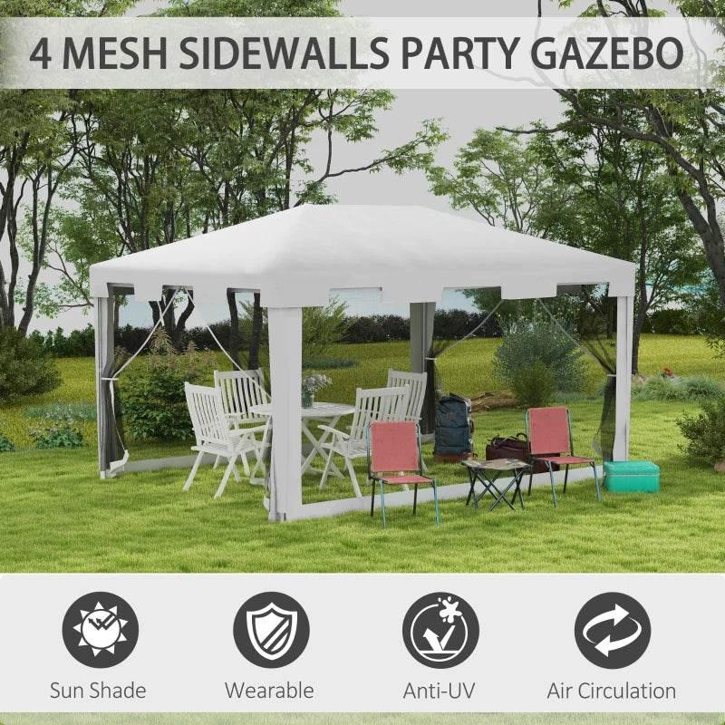 White gazebo-style PE canopy tent with mesh sidewalls and open front for seating