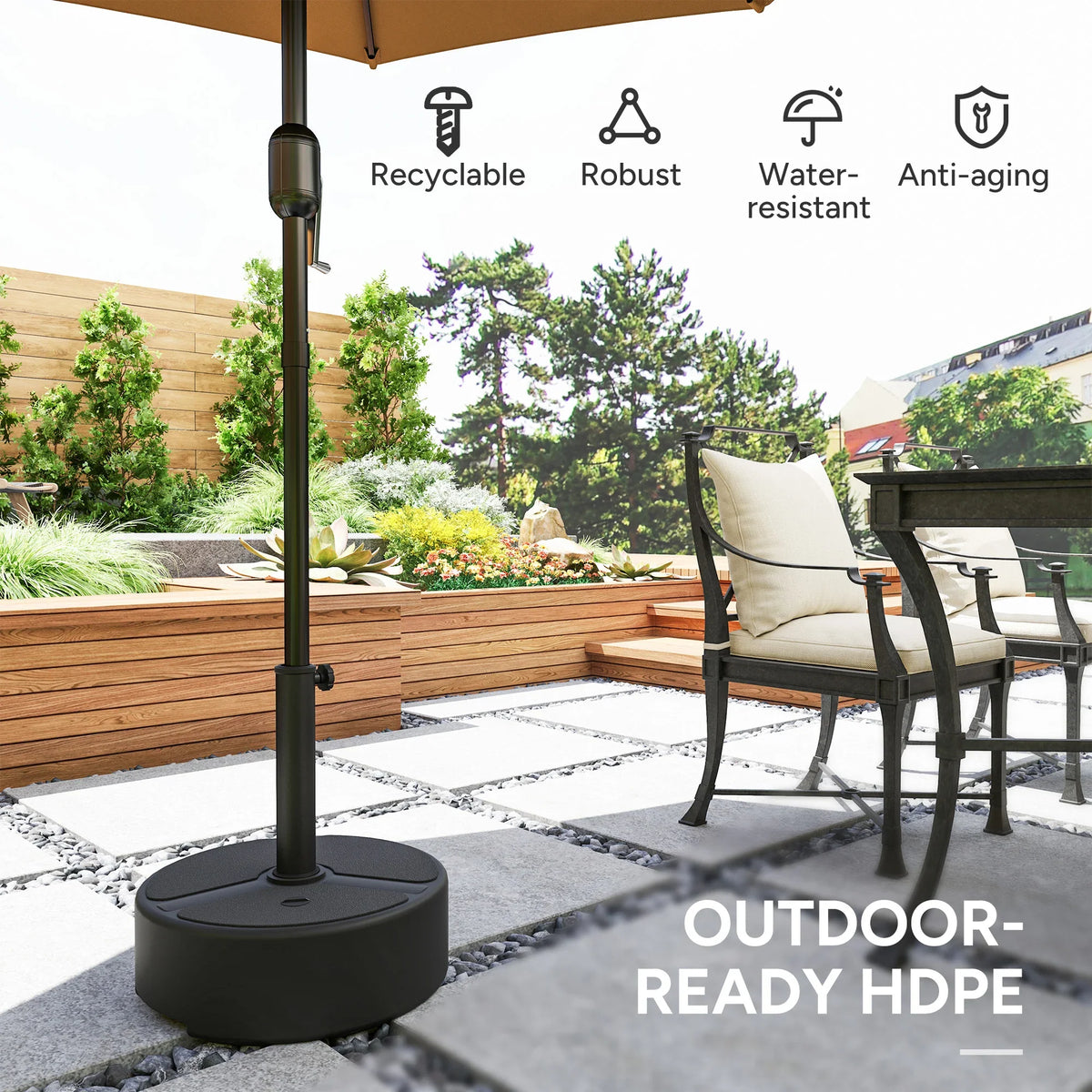 Black round parasol base with attached center pole and outdoor patio setup