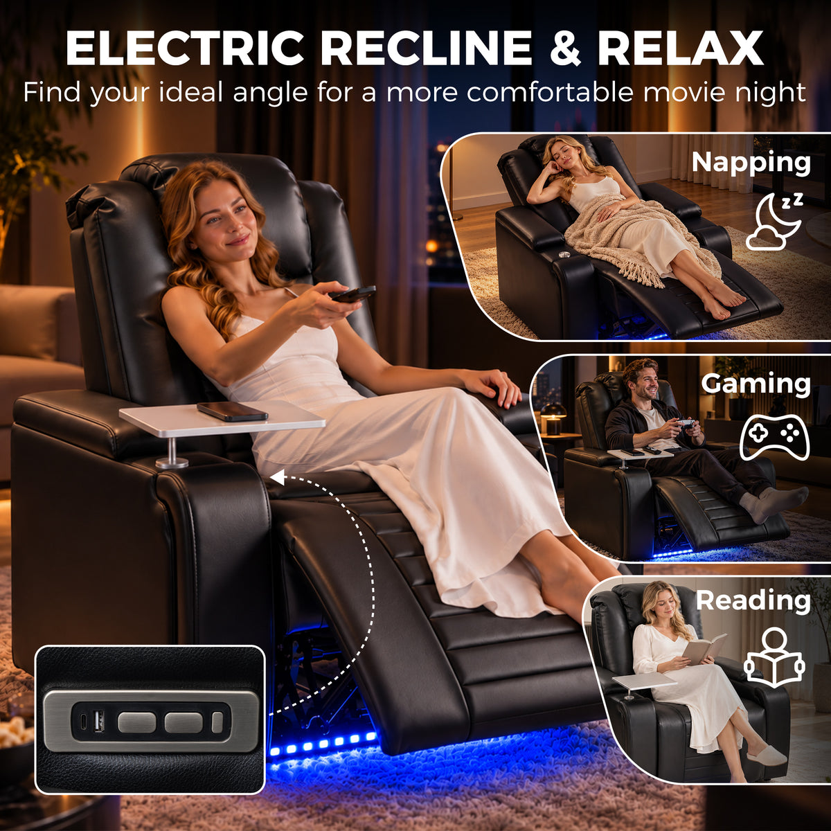 Homcom Electric Recliner Chair With Usb Tray And Led Lights