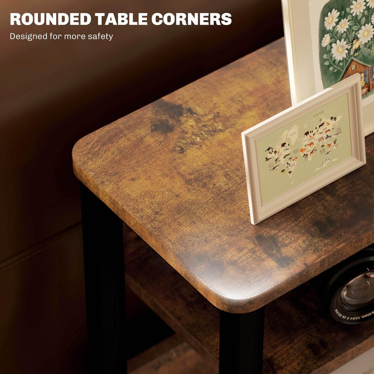 Rustic side table with rounded corners, weathered wood top and black legs