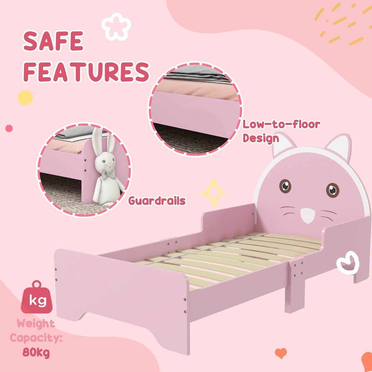 Pink low-to-floor cat-themed wooden kids bed with raised rails