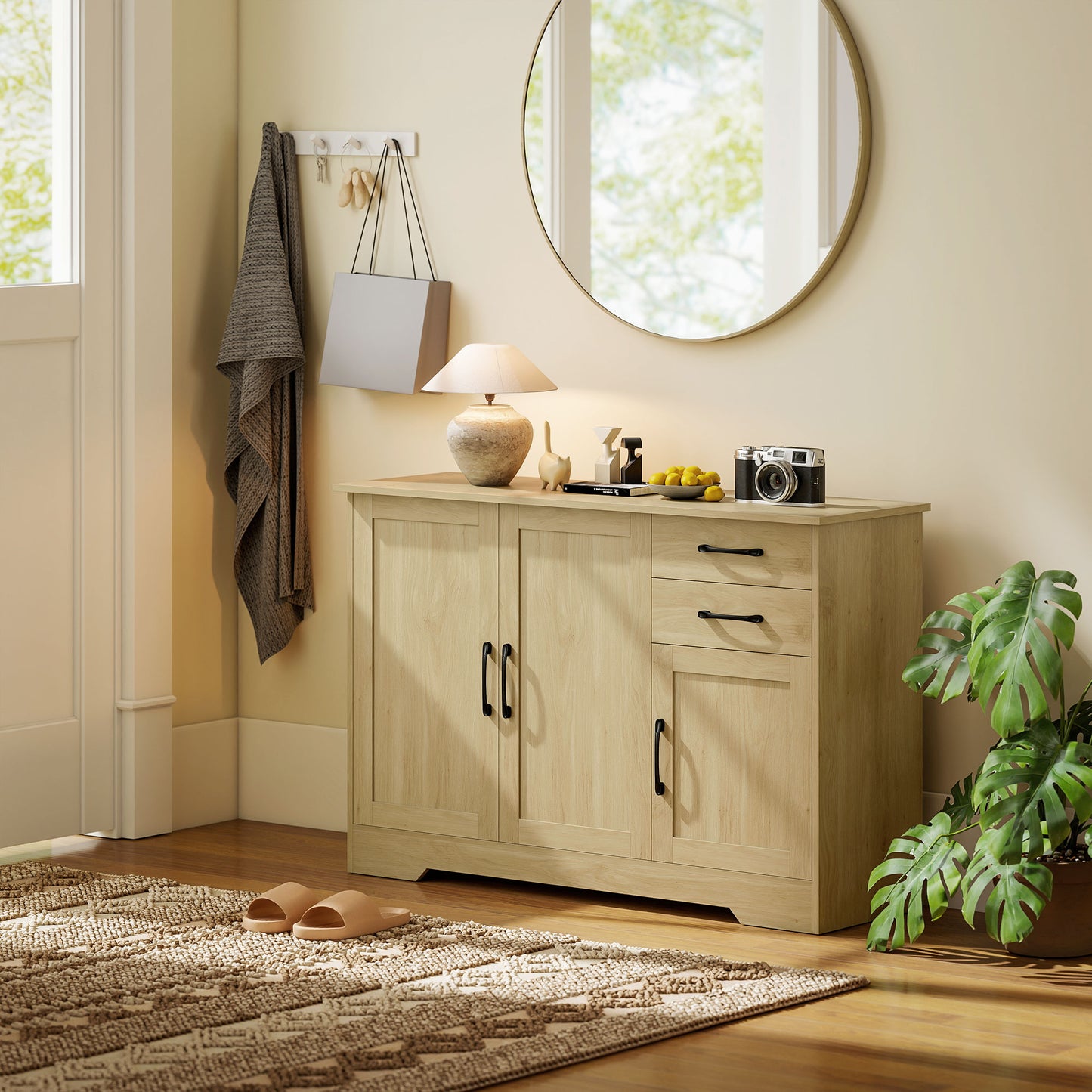 HOMCOM Sideboard With 2 Drawers And 3 Doors Modern Storage Cabinet With Adjustable Shelf Natural Finish