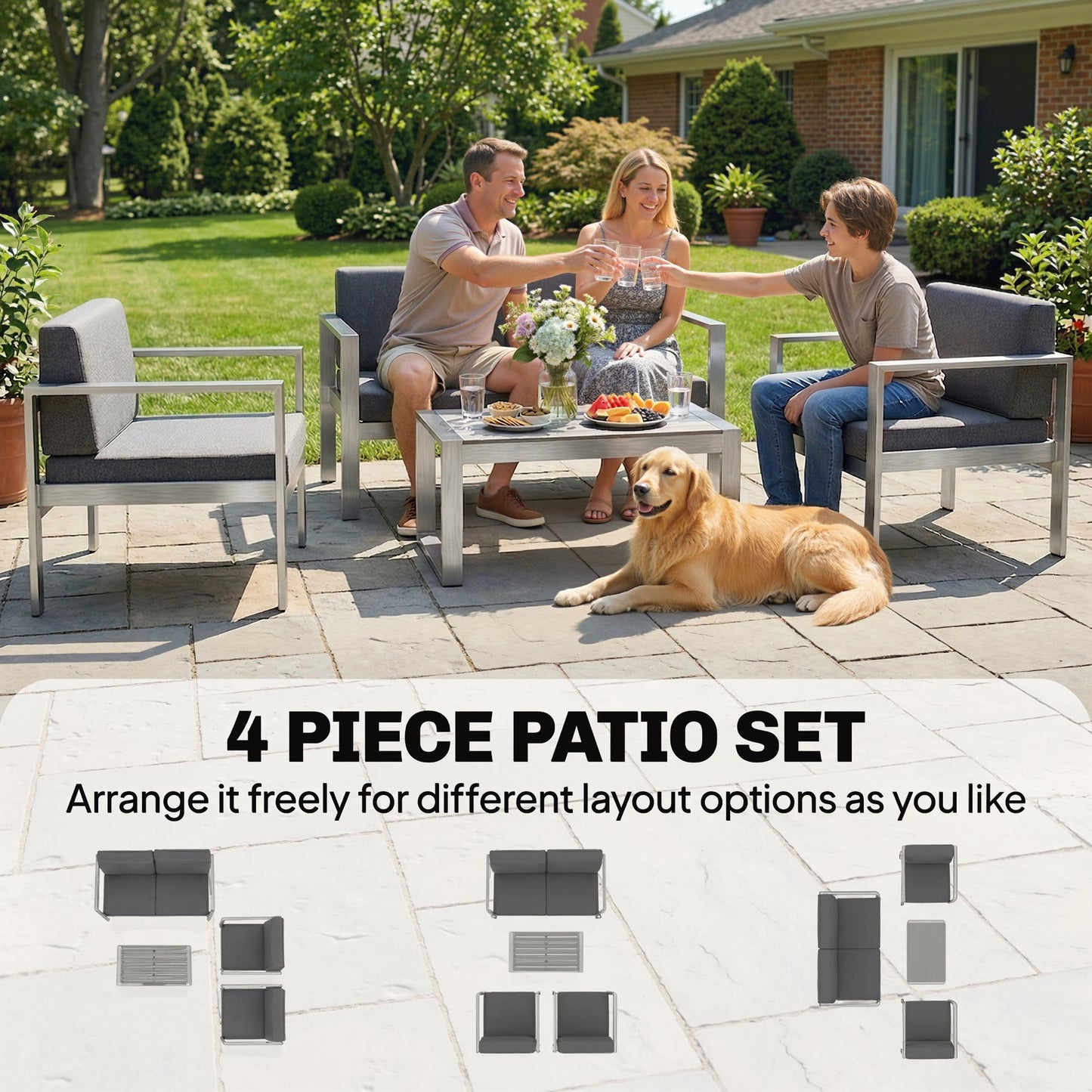 Outsunny 4 Seater Garden Furniture Set With Extra Wide Deep Seats Olefin Cushions Brushed Aluminium Frame Dark Grey