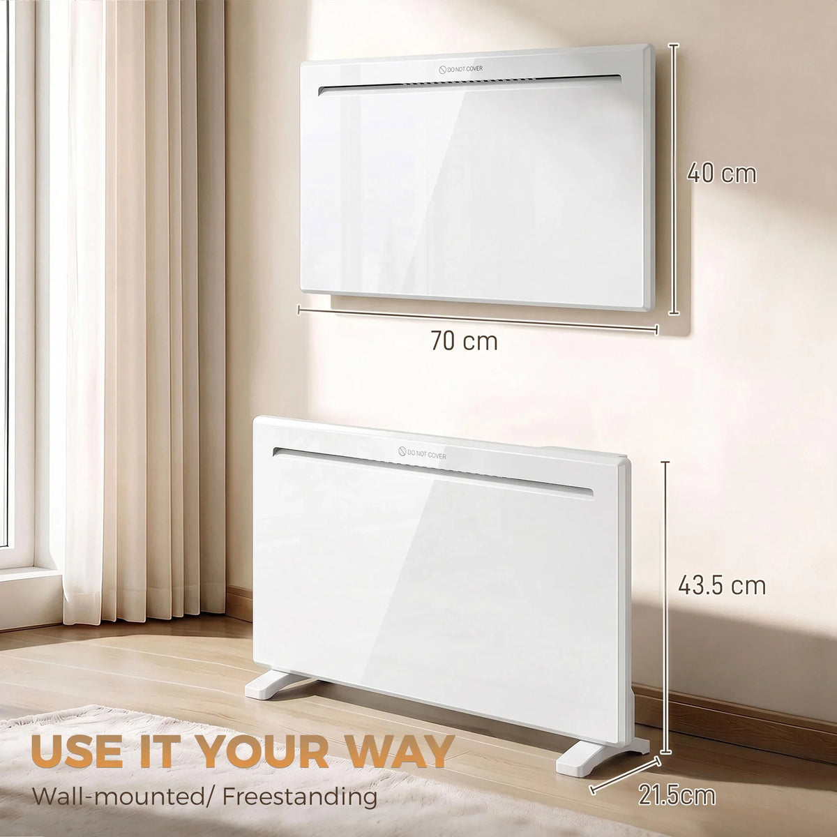 White panel heater with feet, wall-mount capable, front control strip visible.