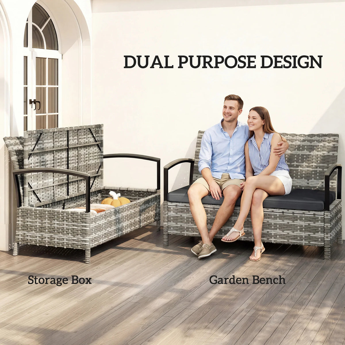 Dark grey woven rattan outdoor storage bench with padded seat and open storage compartment.