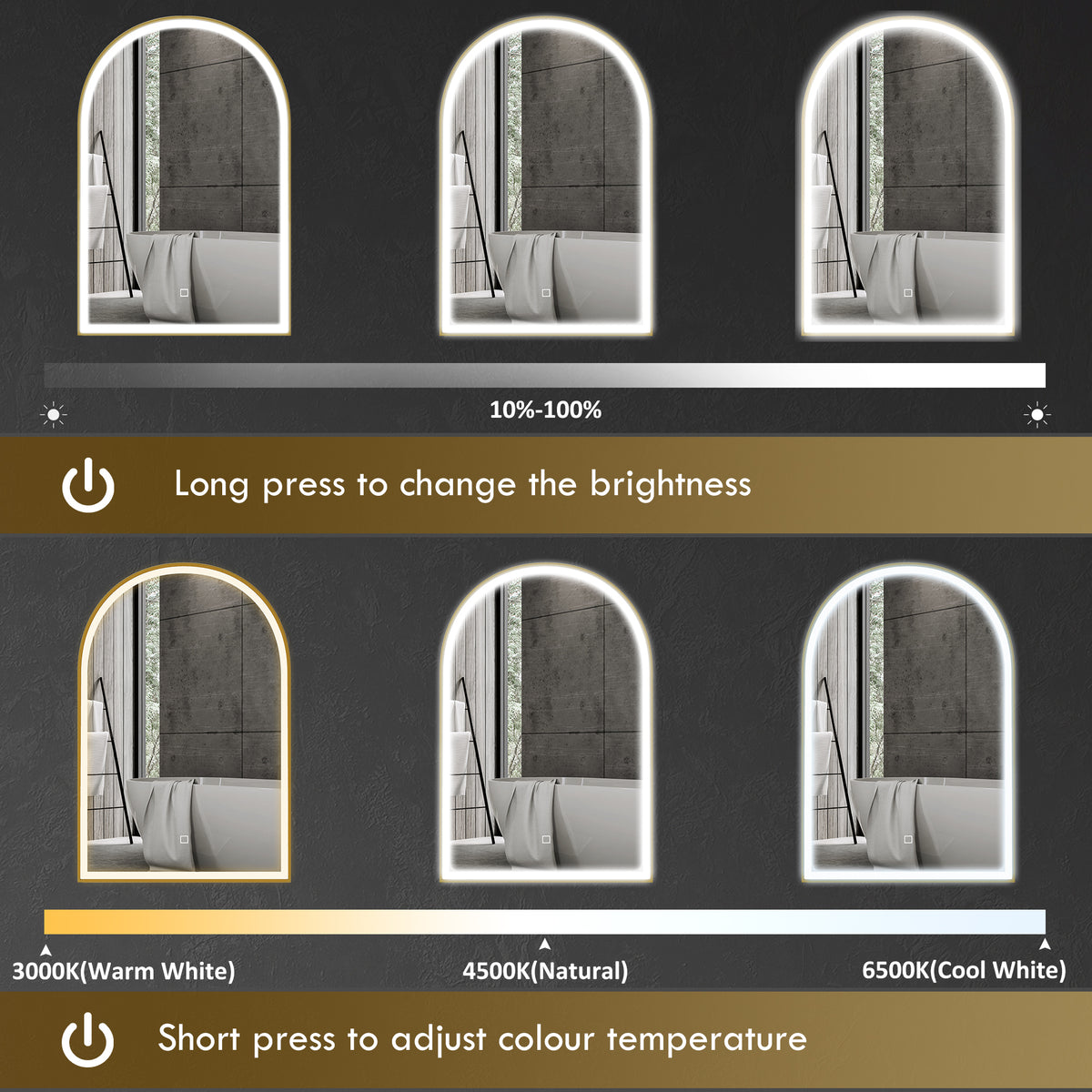 Arched gold LED bathroom mirror showing dimmable brightness settings