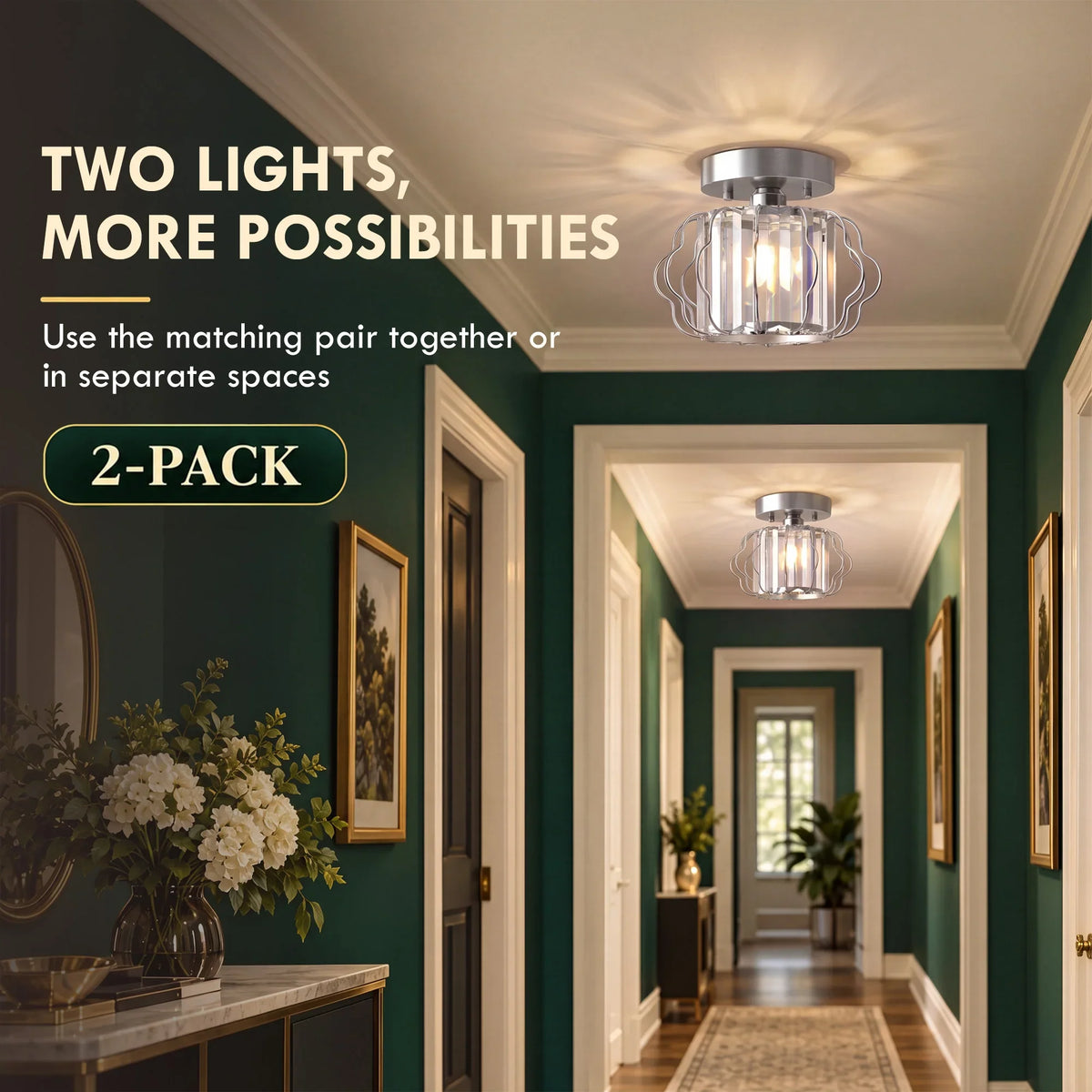 Two semi-flush ceiling lights with clear crystal bars and metal cages for ceilings
