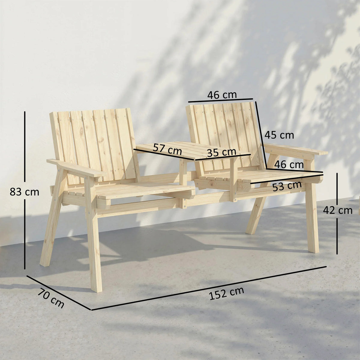 Natural fir wood 2-seat garden loveseat with center table and umbrella hole