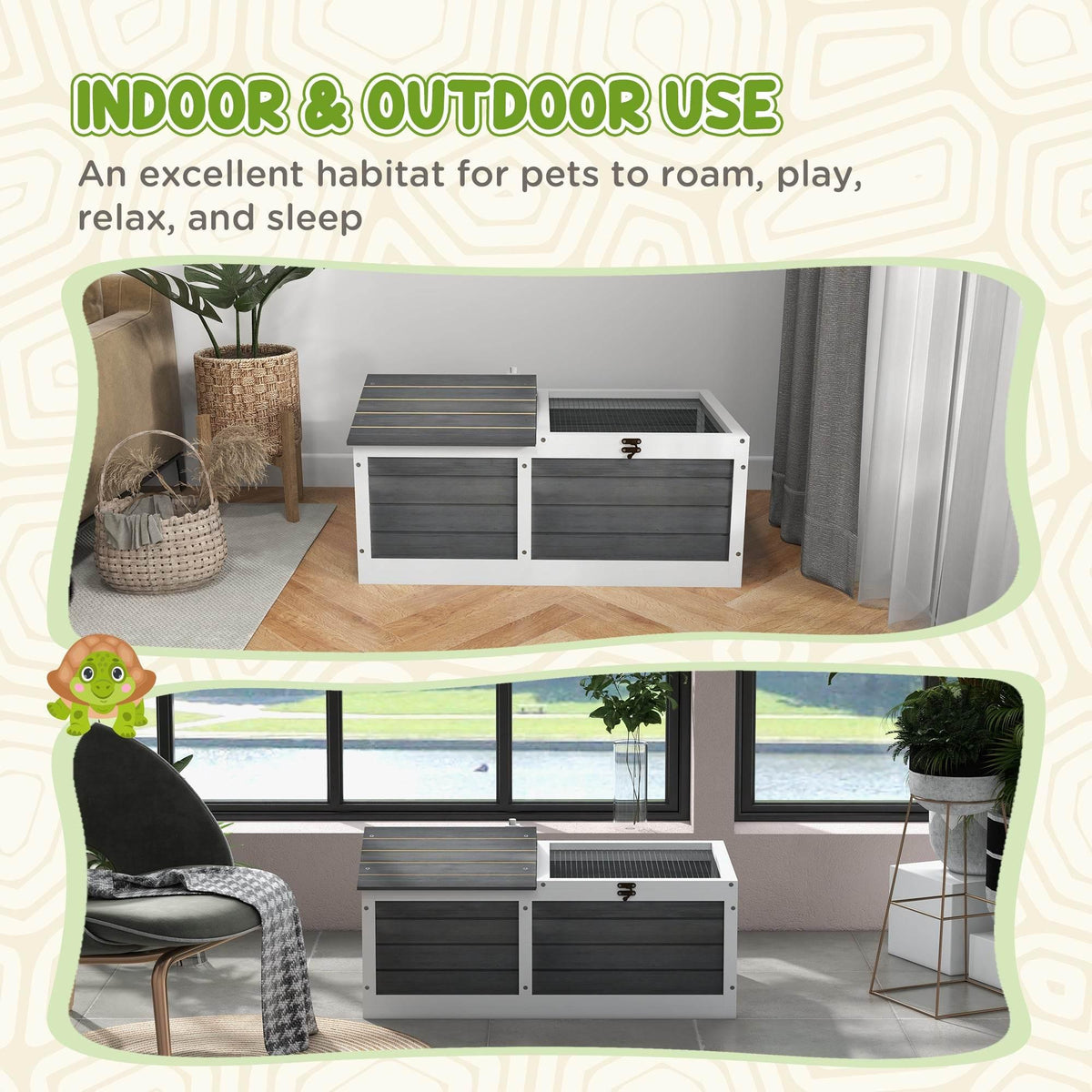 Wooden tortoise enclosure for indoor and outdoor use with wire mesh basking area