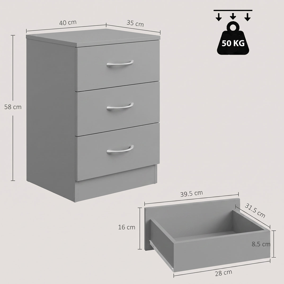 Grey three-drawer nightstand with size measurements and open drawer interior view.