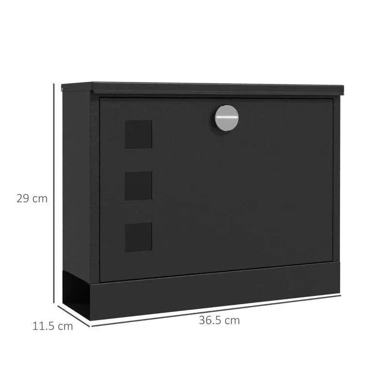 Black wall-mounted mailbox with round handle and three square viewing window panels