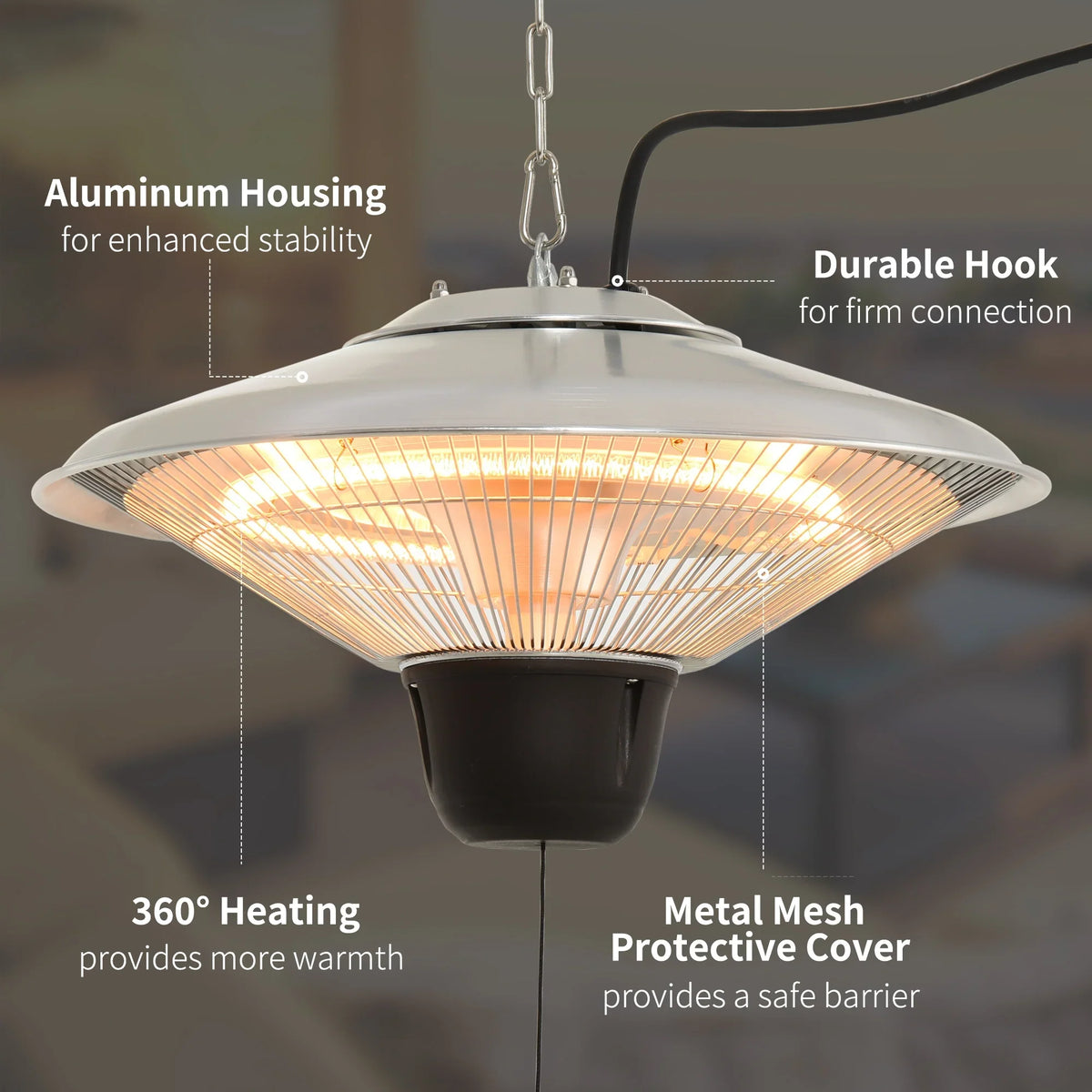Ceiling halogen heater with aluminum housing, durable hook, and metal mesh protection