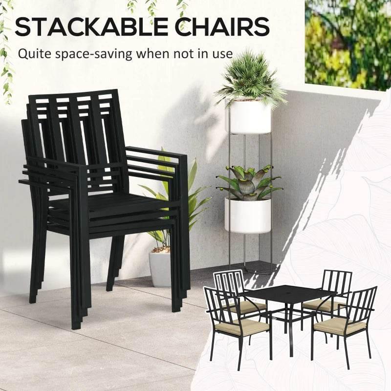 Stackable outdoor dining chairs with beige seat cushions and black frames