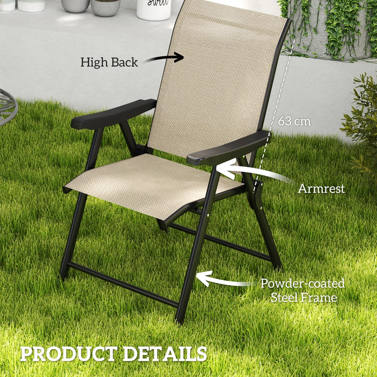 High-back folding outdoor chair with armrests, tan mesh seat and black powder-coated frame
