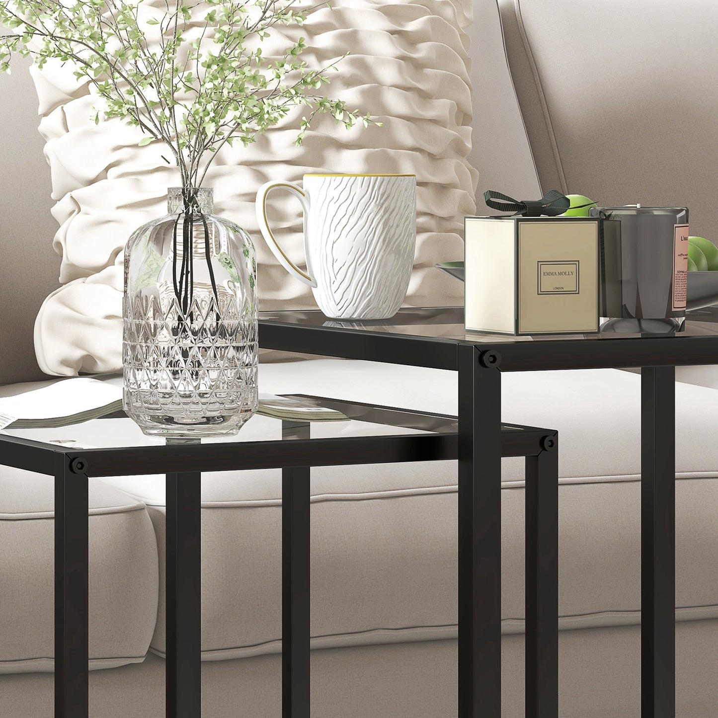 HOMCOM Nesting Tables Set of 2 With Tempered Glass Tops and Steel Frame Space Saving End Tables for Living Room Black