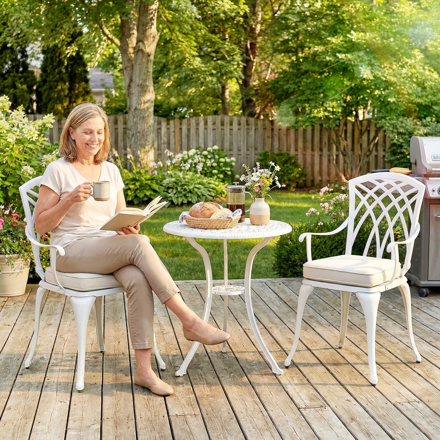 Outsunny Cast Aluminium Bistro Set With Two Chairs And Table White Parasol Hole 45mm Cushions