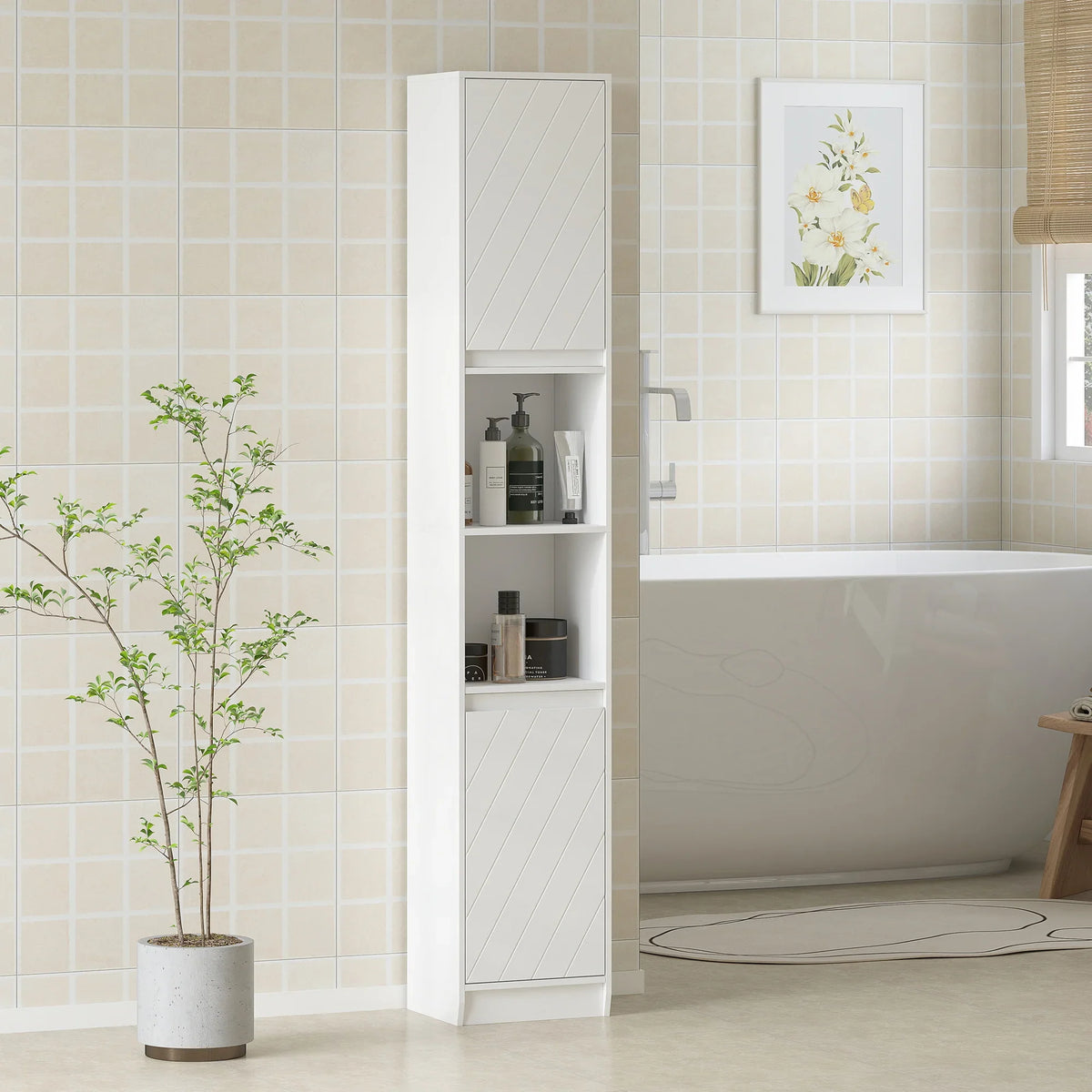 White slim bathroom cabinet with open shelves and two cabinet doors, tall and narrow