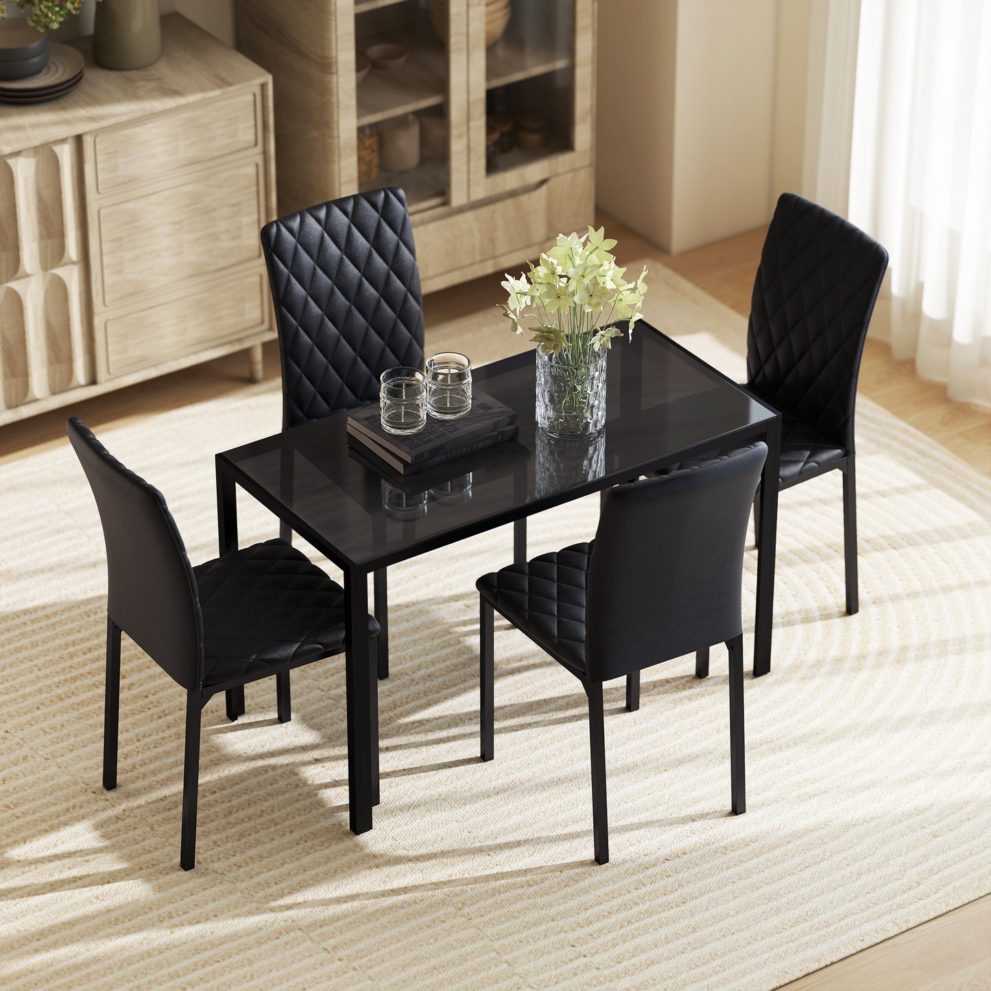 HOMCOM 5 Piece Dining Set With Glass Top Table And Quilted PU Leather Chairs In Black Kitchen