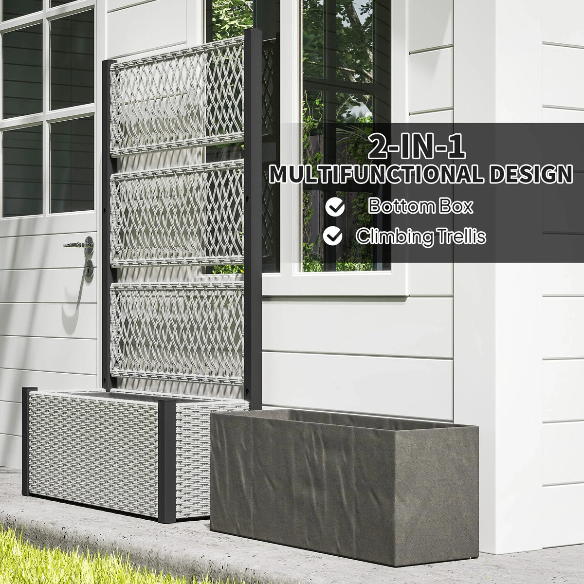 Grey garden planter box with built-in climbing trellis and separate lower planter