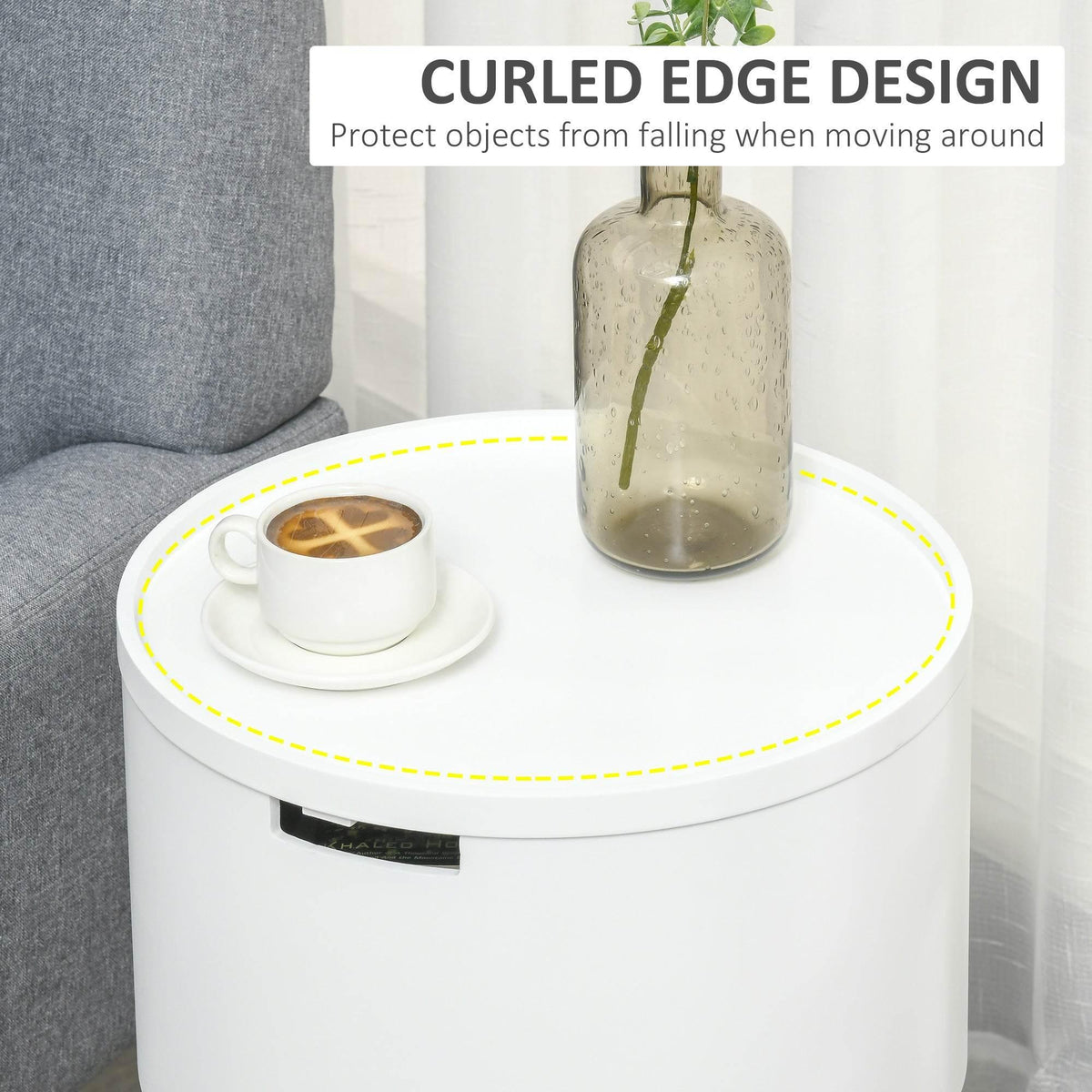 White round side table with curved edge, black latch, and light wood legs