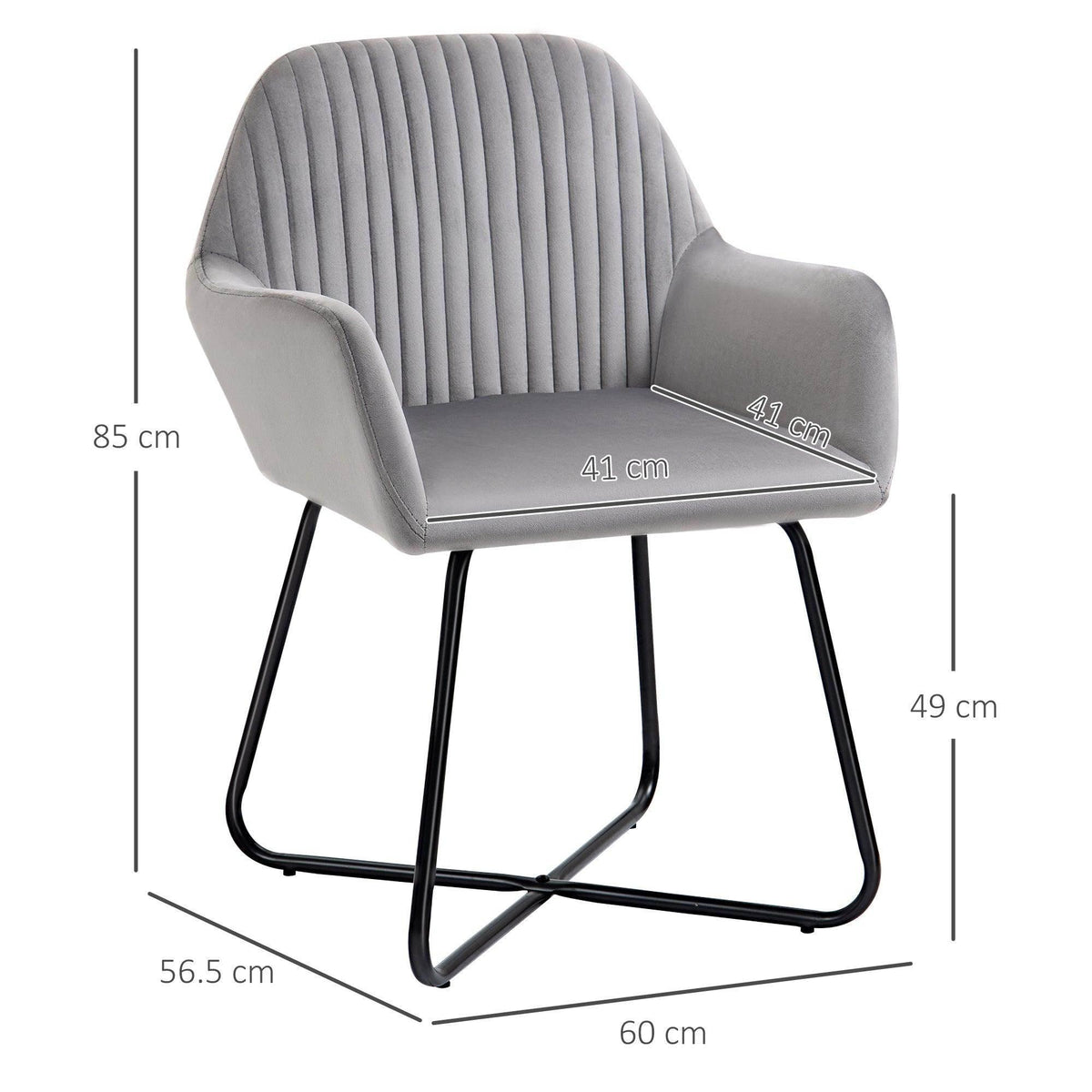 Grey channel-tufted accent chair with curved backrest and armrests, black metal frame