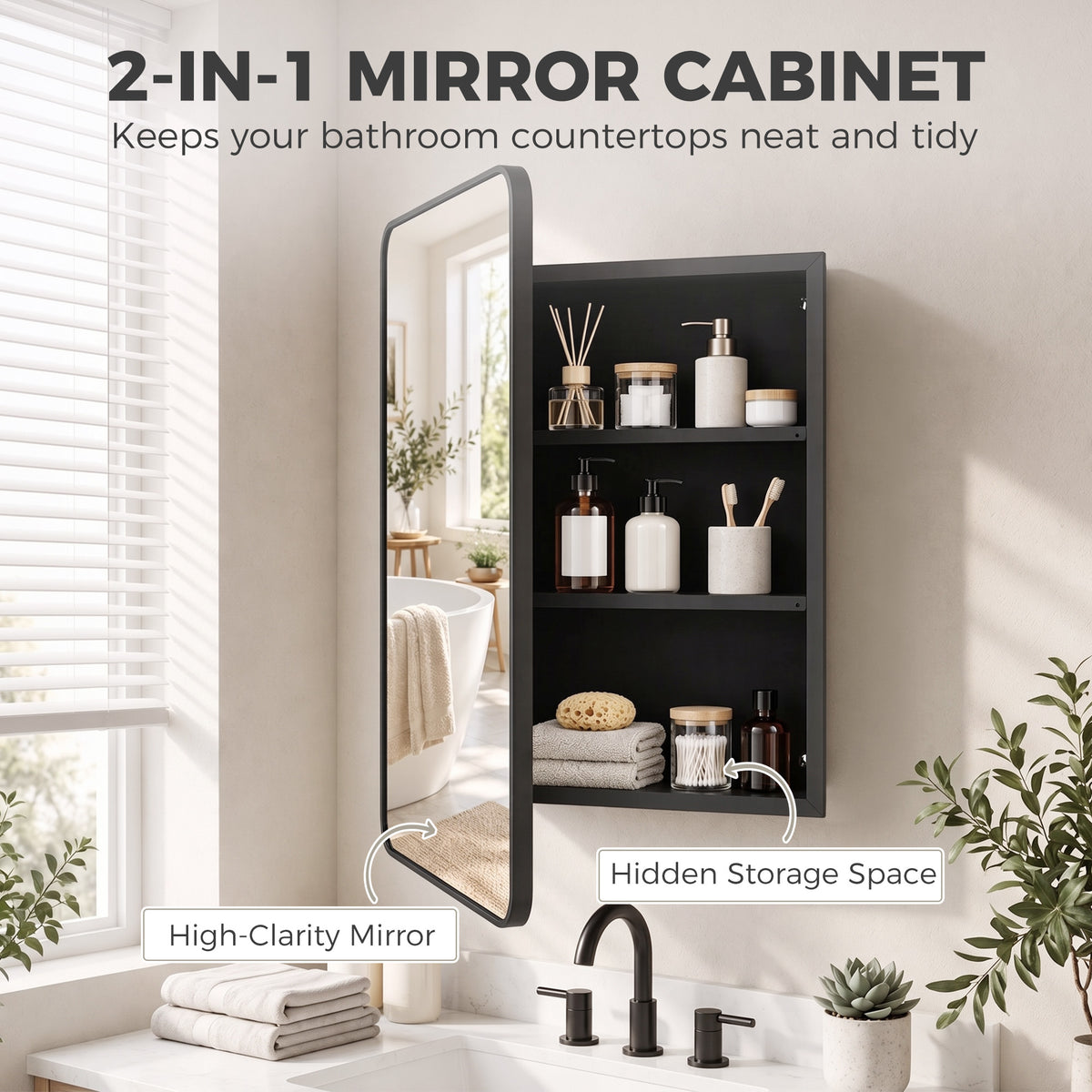 Black-framed 2-in-1 bathroom mirror cabinet with open storage compartment