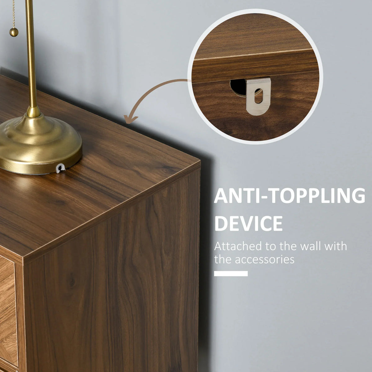 Walnut brown bedside table with anti-tip wall bracket and two drawers, black legs