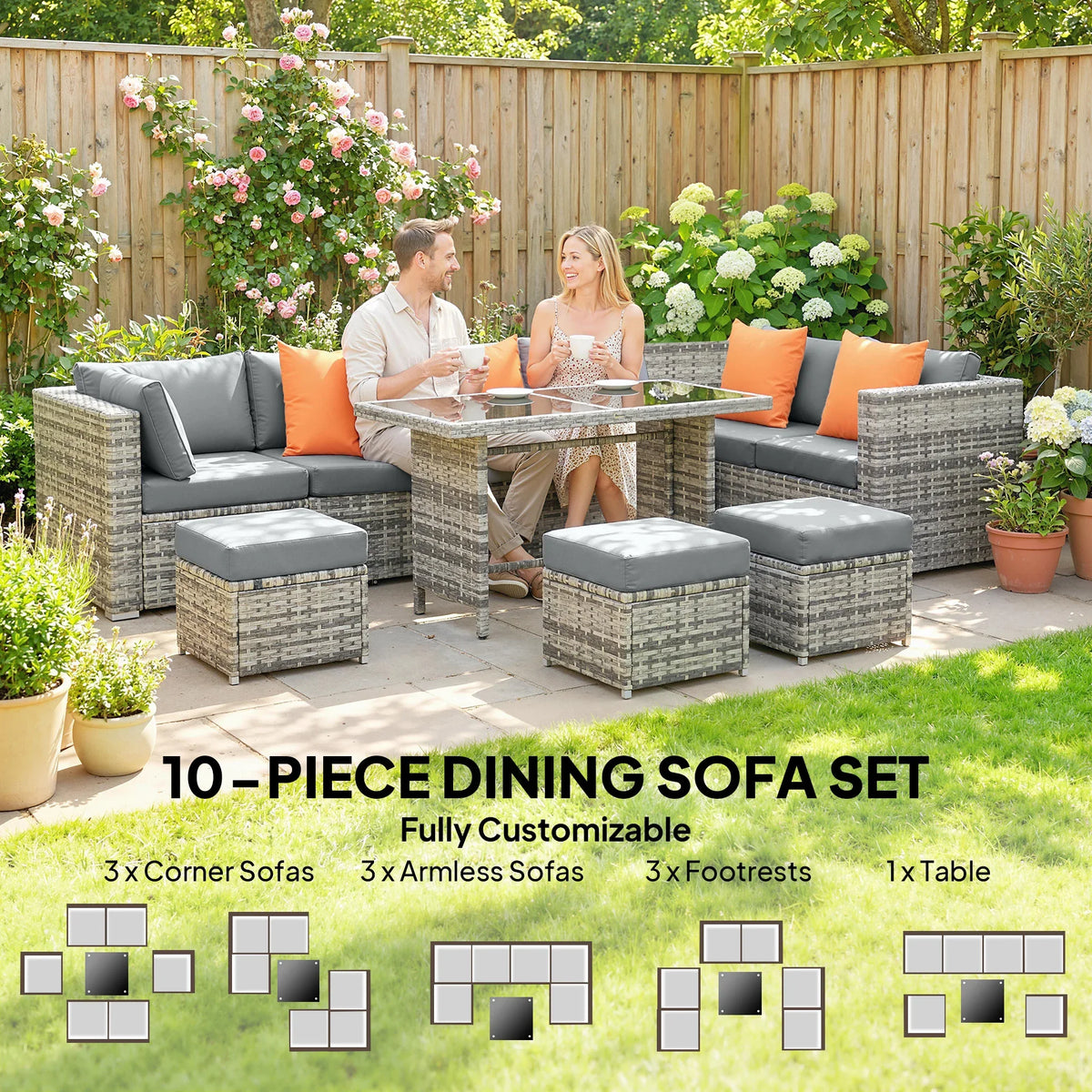 Gray outdoor rattan corner sofa set with orange seat cushions, ottomans, and table