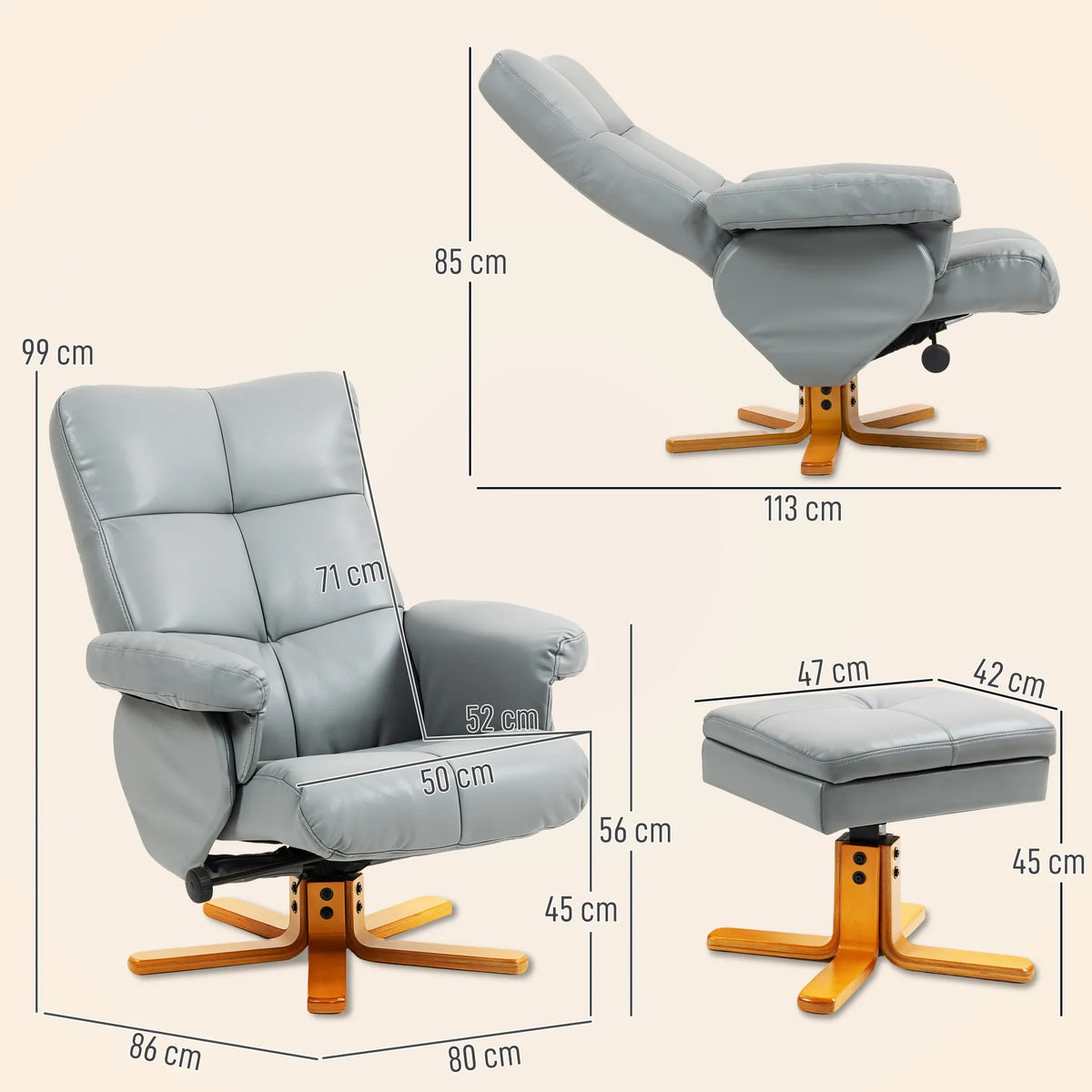 Light grey PU leather swivel recliner chair with footstool, shown with size diagram