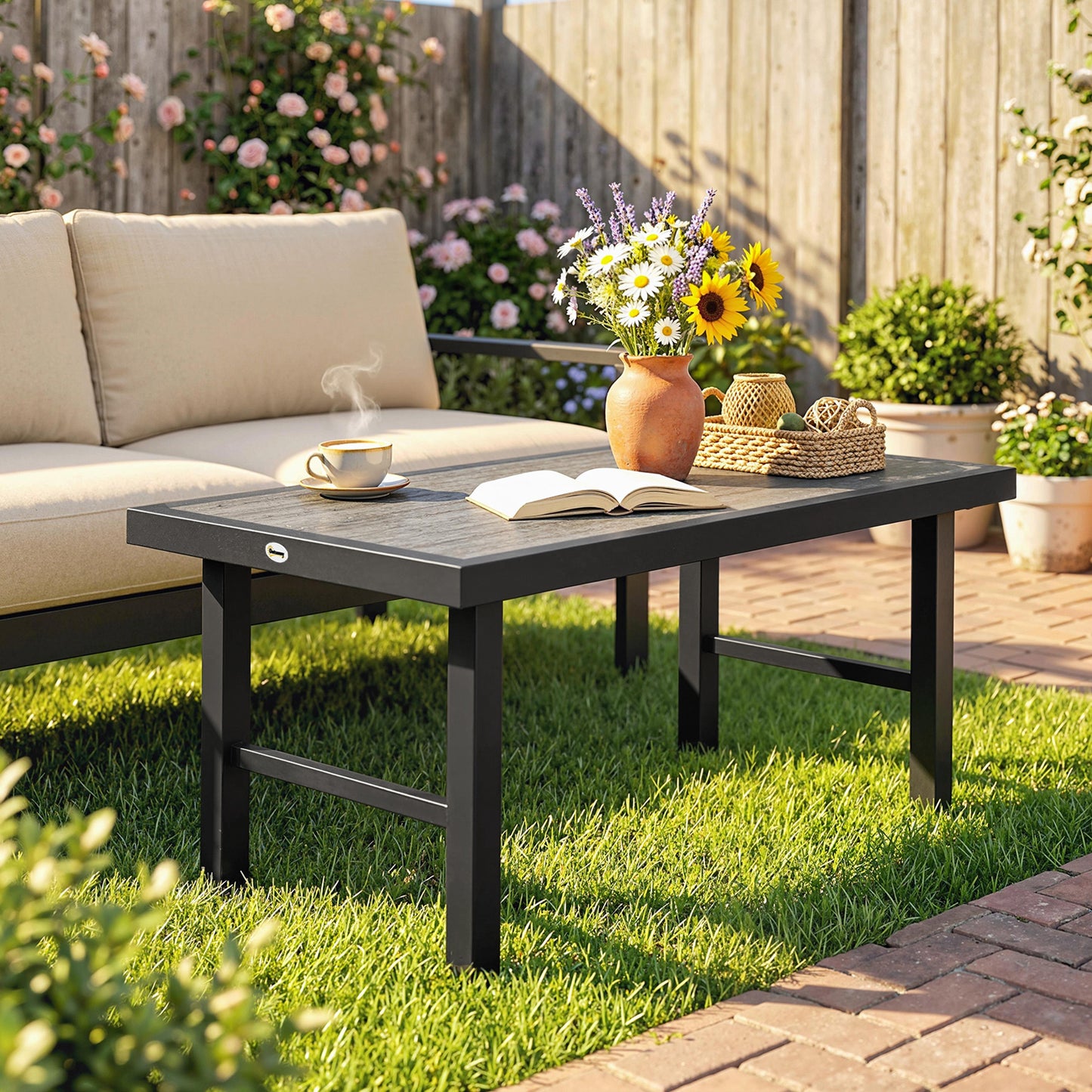 Outsunny Metal Garden Coffee Table With SPC Woodgrain Tabletop 100 x 52 x 46 cm Outdoor Side Table Dark Grey