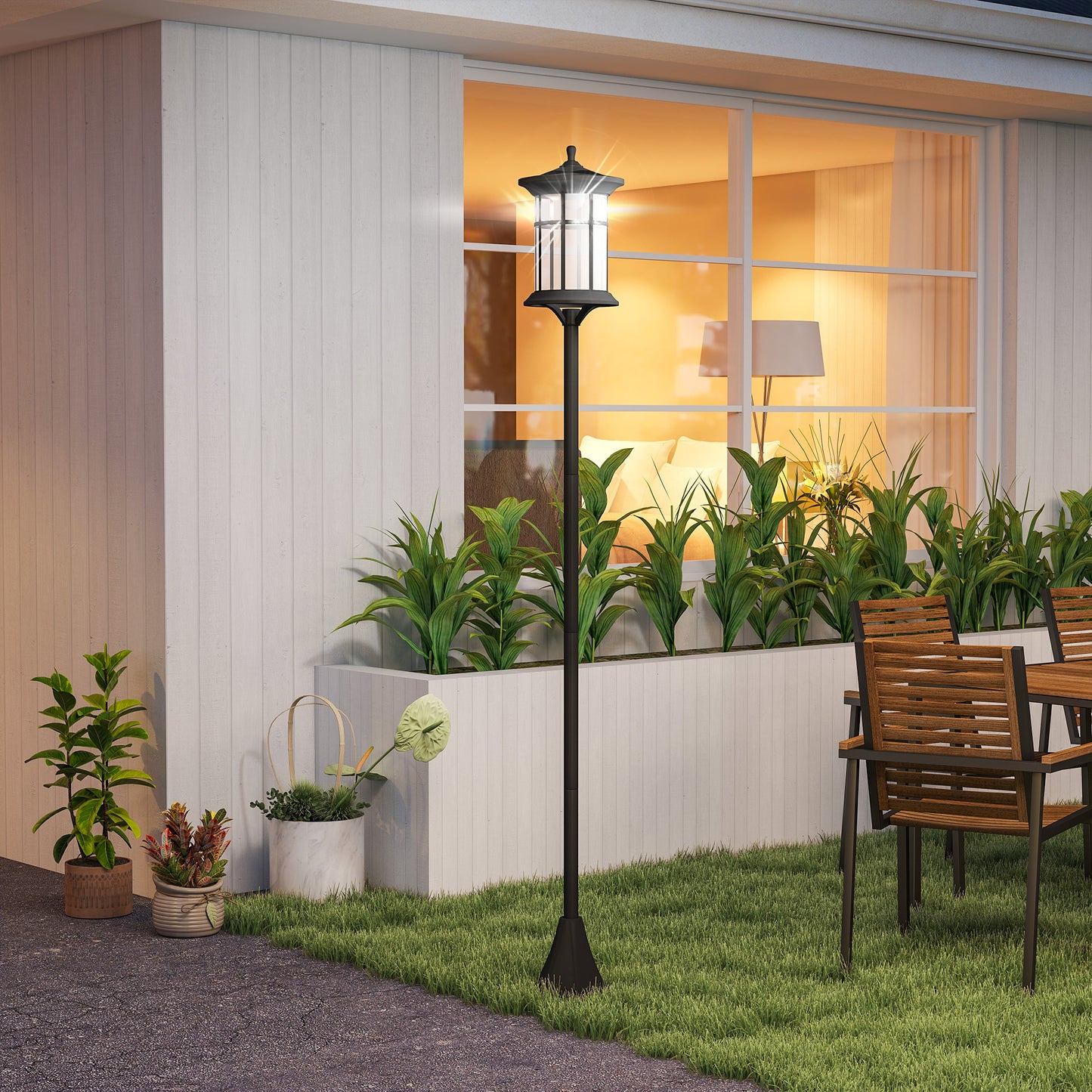 Outsunny Set Of Two 1.8m Traditional Style Solar Lamp Posts Black Stainless Steel IP44 Outdoor Garden Lighting 2 Pack