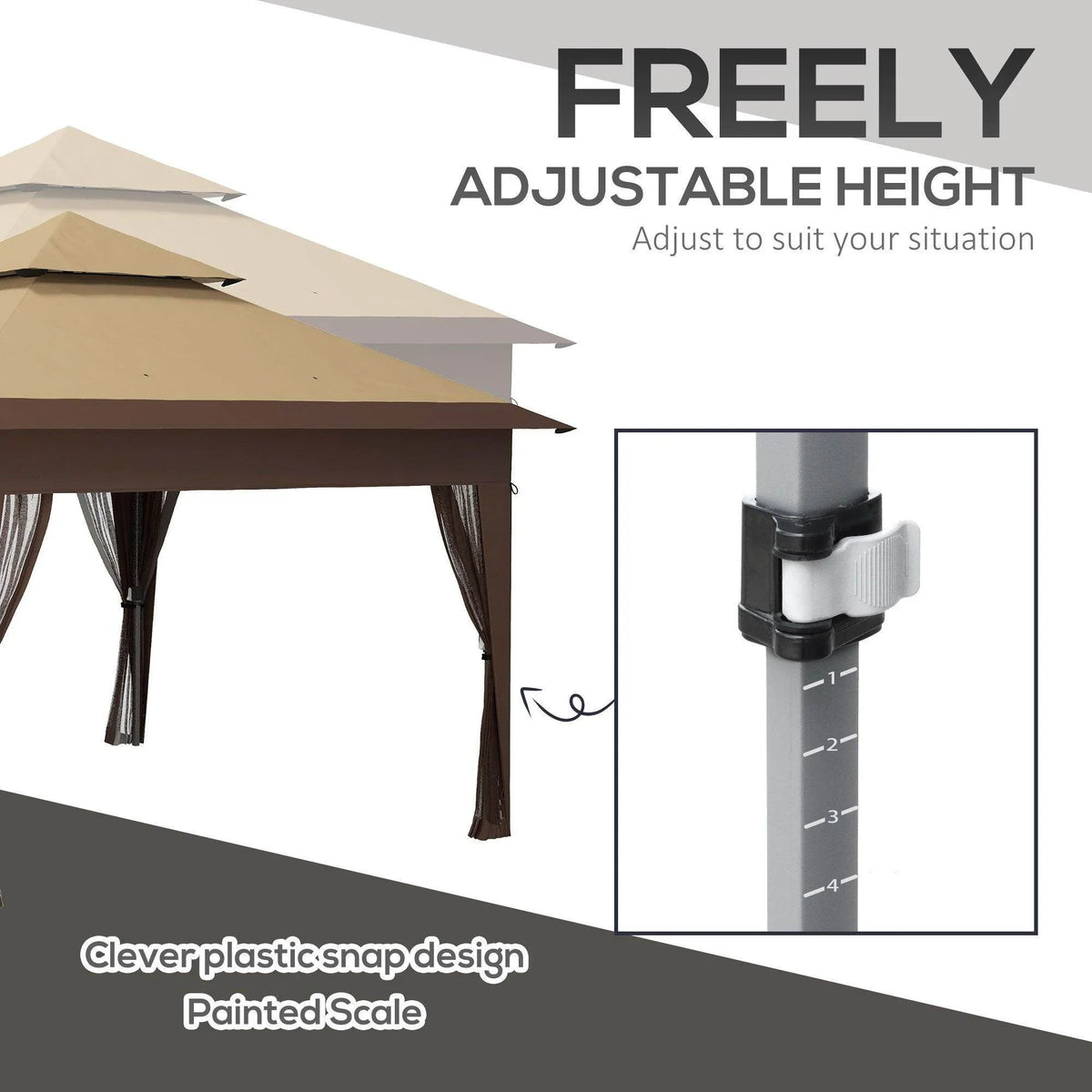 Adjustable-height pop-up gazebo leg with clamp and painted height scale
