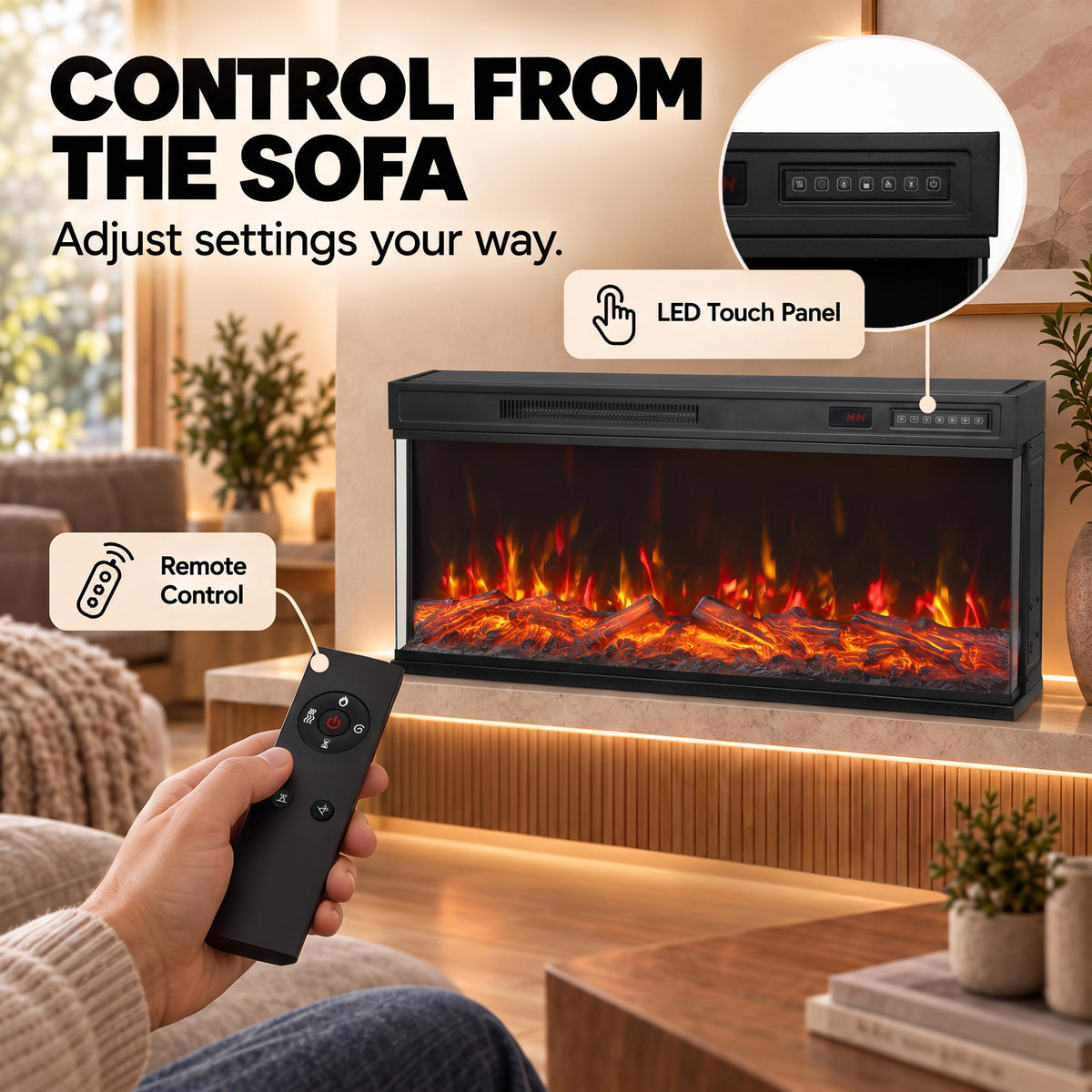 Electric fireplace wall heater with 3-sided flame display and remote control