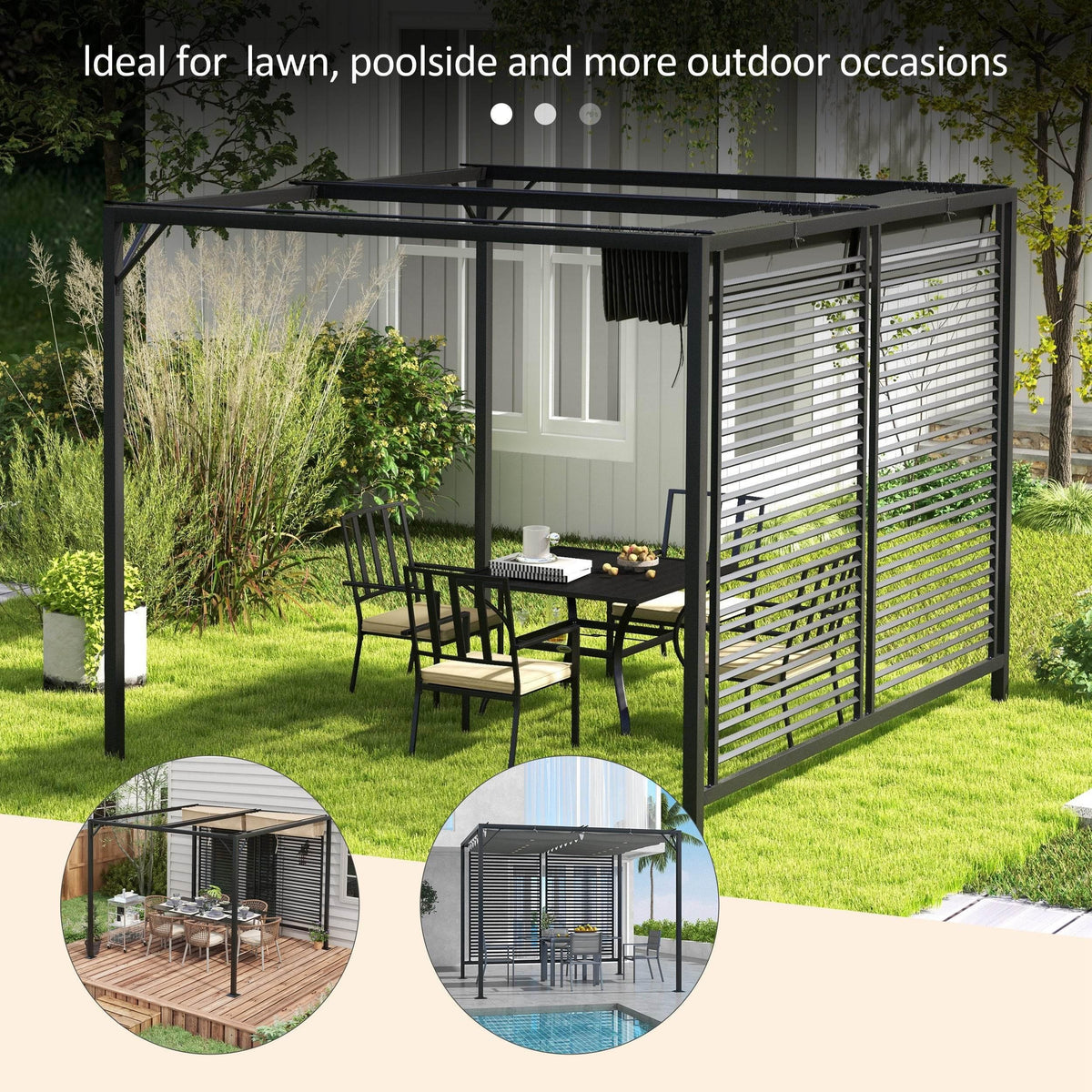 Grey metal pergola with retractable canopy and louvered side panels, outdoor patio setup